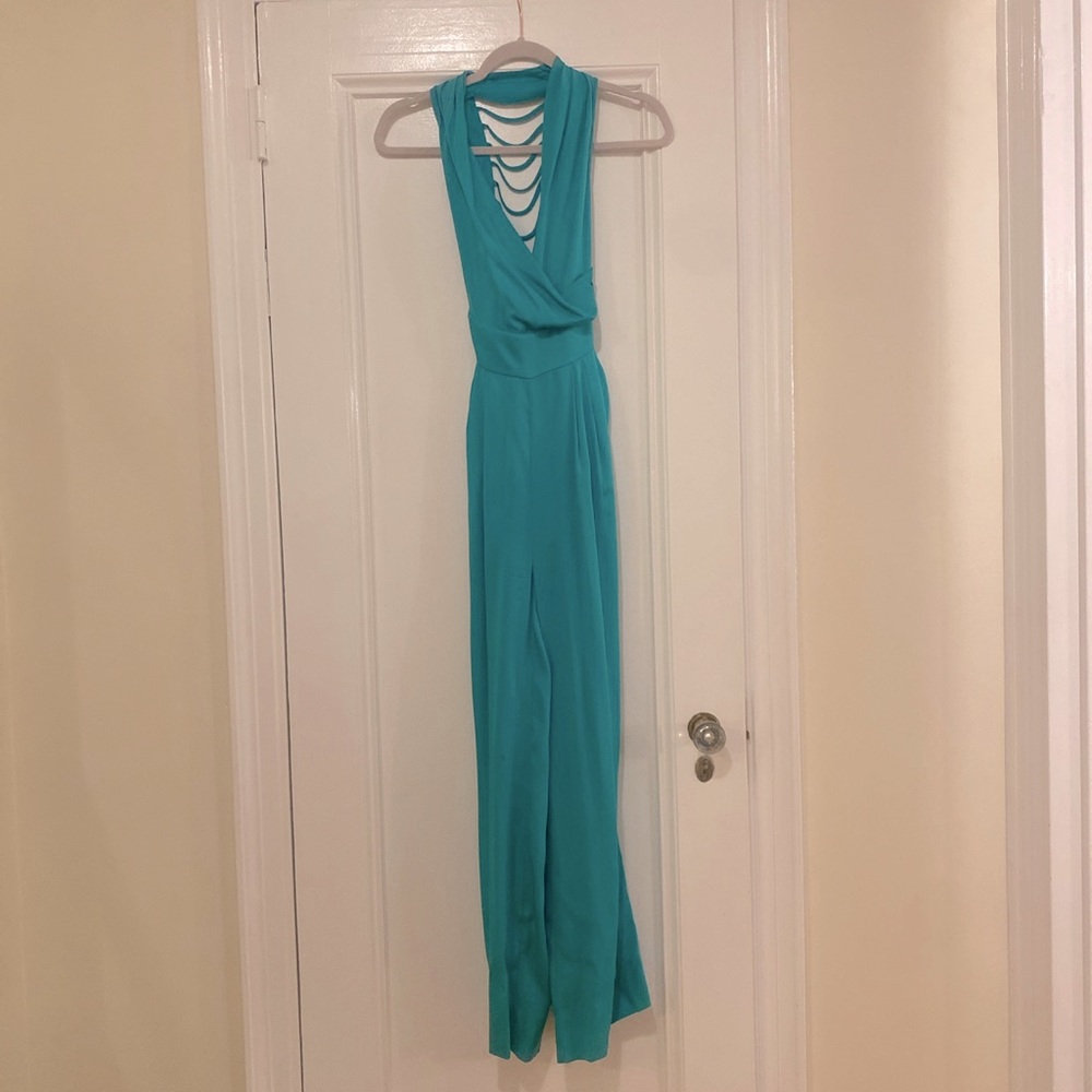 Catherine Malandrino 100% silk jumpsuit. Wide legs, draped front, cutout back.